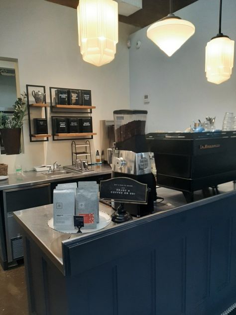 Cafe, counter, lighting, tiles, blue, navy blue, coffee shop, bakery, simple, espresso Cafe Counter Lighting, Dark Blue Coffee Shop, Blue Coffee Shop, Coffee Shop Bakery, Coffee House Cafe, Counter Lighting, Cafe Counter, Blue Cafe, Brown Cafe