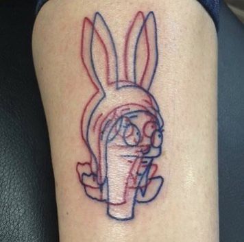 A red and blue line tattoo giving a 3D effect to Louise belcher Louise Tattoo, Small Bobs Burgers Tattoo, Louise Belcher Tattoo, Bobs Burgers Tattoo, Under My Skin, Bobs Burgers, Cartoon Tattoos, Tattoos And Piercings, I Tattoo