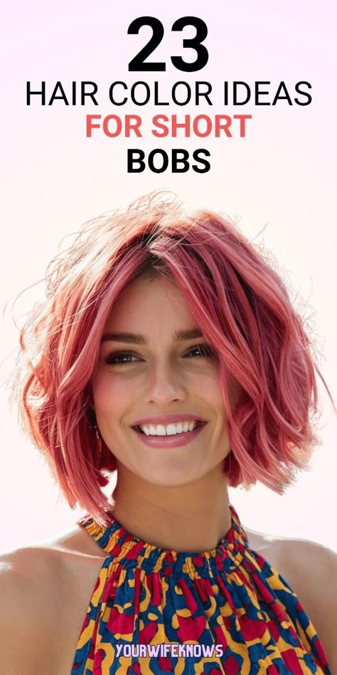 Check out these 23 hair color ideas for short hair bobs that will be huge in 2024! From balayage brunette to light brown highlights, these trends are perfect for refreshing your look. Try a summer-ready blonde or a bold under color for a modern twist. These colors are ideal for anyone looking to update their short bob with a chic and stylish touch. Get inspired by these gorgeous hair color ideas and find the perfect look for your hair! Color Ideas For Brunettes Short, Bob Two Tone Color, Color Ideas For Bob Hairstyles, Short Bob Red Hairstyles, Sunset Hair Color Short Bob, Fall Hair Colors 2024 Short Hair, Vivid Hair Color Short Bobs, Hair Colour For Bob Haircut, Blonde Hair With Other Colors