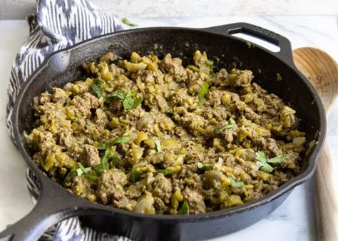 Chili Verde Ground Beef – The Jazzed Kitchen Chile Verde Ground Beef, Ground Beef And Green Chili Recipes, Green Chili Picadillo, Green Chili Ground Beef Recipes, Ground Beef Green Chili, Beef Green Chili, Green Chili Verde, Chili Verde Sauce, Chili Verde Recipe