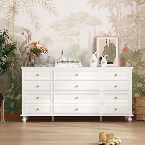 Dresser In Living Room, 12 Drawer Dresser, Dresser Wood, Dresser White, Chest Storage, Nursery Dresser, White Chest, Closet Drawers, Wooden Dresser