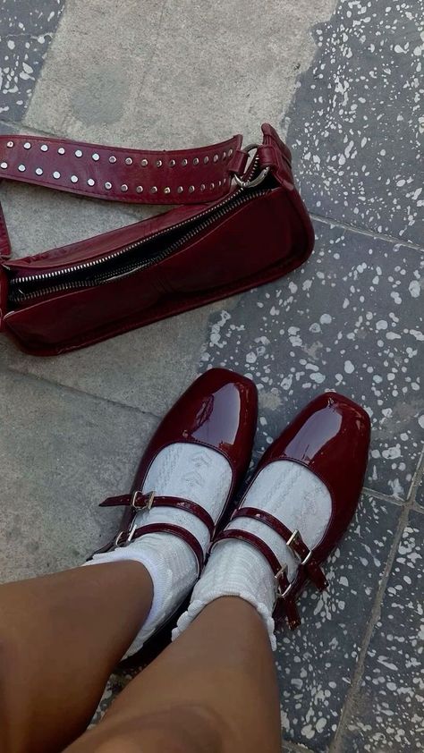 Maroon Mary Janes, Maroon Shoes Outfit Women, Cherry Red Mary Janes, Cherry Clothes Aesthetic, Wine Red Shoes, Wine Shoes Outfit, Cherry Red Shoes, Red Shoes Aesthetic, Red Mary Janes Outfit