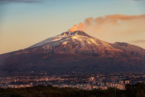 Catania And Mount Etna Volcano - Sicily Italy Stock Image - Image of nature, peak: 106528855 Etna Volcano, Monte Fuji, Cities In Italy, Active Volcano, Sicily Italy, Most Beautiful Cities, Messina, Catania, Nature Images