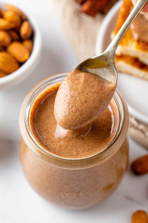 Maple Almond Butter with Cinnamon - Just 3 Ingredients! - Texanerin Baking Cinnamon Almond Butter, Roasting Almonds, Almond Peanut Butter, Easy Sauces, Maple Almond Butter, Nut Butter Recipes, Almond Butter Recipes, Spiced Almonds, Paleo Friendly Recipes