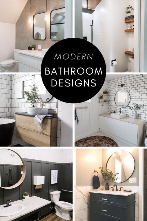 Gorgeous modern bathroom designs! Stunning bathroom remodel ideas, including custom vanities, tile work, wet baths, freestanding tubs, and more! Gorgeous bathrooms in every style, from contemporary to boho, to vintage, to farmhouse, and traditional. Inspiration for any bathroom, from a small bath, to a wet bath, ensuite, or kids bathroom! Traditional Bathroom Vanity Ideas, Hotel Bathroom Design Modern, Bathroom Tub Tile Ideas Modern, Black And White Bathroom With Wood Accents, Black And White Spa Bathroom, Ensuite Tile Ideas, Modern Bathroom Black And White, Modern Ensuite Bathroom Ideas, Bathroom Design Black And White