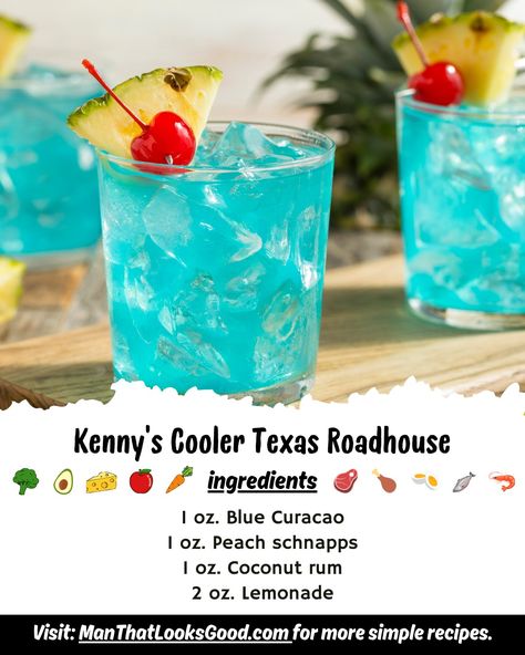 Kenny's Cooler Texas Roadhouse Recipe Kenny’s Cooler is one of the famous and beloved drinks served at Texas Roadhouse, the drink perfect for summer as we now in month juin, It's perfect to make at home, Making this Kenny's Cooler Texas Roadhouse Recipe is not that hard at all, so simple and I think anyone can make it without spending too much time at the kitchen. Texas Roadhouse Recipes, Home Making, Texas Roadhouse, Peach Schnapps, Blue Curacao, Coconut Rum, Serving Drinks, Easy Recipes, Lemonade