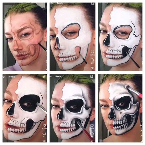 How To Paint Skull On Face, Makijaż Sugar Skull, Sugar Skull Face Paint, Skull Face Paint, Maquillage Yeux Cut Crease, Creepy Halloween Makeup, Cute Halloween Makeup, Halloween Makeup Diy, Skeleton Makeup