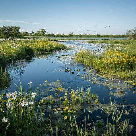 Nestled under the expansive blue sky, this peaceful wetland serves as a sanctuary for various wildlife. The water's surface, mirroring the heavens above, is speckled with aquatic plants. Wildflowers, like daisies and buttercups, add splashes of white and yellow around the water's edge, inviting a sense of calm and serenity. The presence of birds in flight enhances the vitality of the scene, reminding us of the delicate balance of ecosystems and the untouched beauty of nature. Wetland Aesthetic, Wetlands Aesthetic, Wetland Animals, Aquatic Landscape, Wetland Plants, American Drawing, Nature Escape, Native American Drawing, Nature Aesthetics