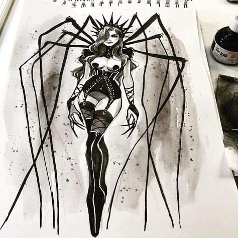 Inktober Spider Drawing, Spider Women Art, Spider Dress Drawing, Spider Horror Art, Spider Lady Drawing, Inktober 2023 Spiders, Spider Lady Art, Spider Legs Drawing, Black Widow Spider Art