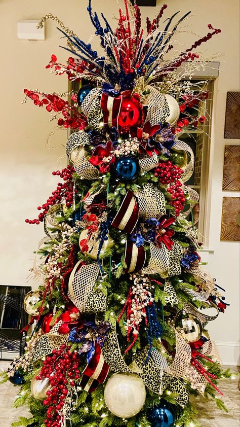 Navy Red Christmas Tree, Patriotic Trees Christmas, Red White And Blue Christmas Tree Ideas, Nautical Christmas Tree Topper, Patriotic Christmas Tree Ideas, Red White Blue Christmas Tree, Manly Christmas Tree, Red White And Blue Christmas Tree, Red Blue Christmas Tree