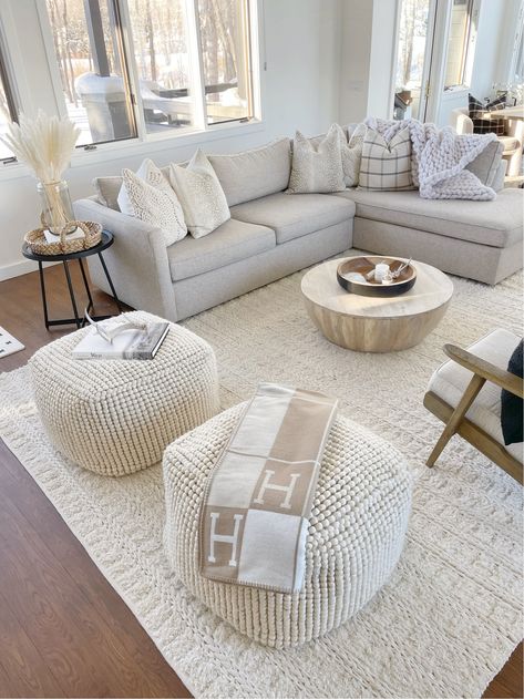 Pouf Ottoman Living Room, Living Room Pouf, Farmhouse Style Living Room, Bedroom Setup, Beautiful Farm, Neutral Living Room, Living Room Design Decor, Ottoman In Living Room, Modern Farmhouse Kitchens