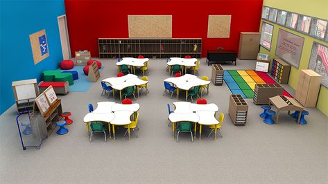 Kindergarten Classroom at School Outfitters Montessori Classroom Layout, Cafeteria Furniture, Cafeteria Design, Preschool Furniture, Classroom Interior, Classroom Tables, Classroom Layout, School Supplies Organization, Interior Design School