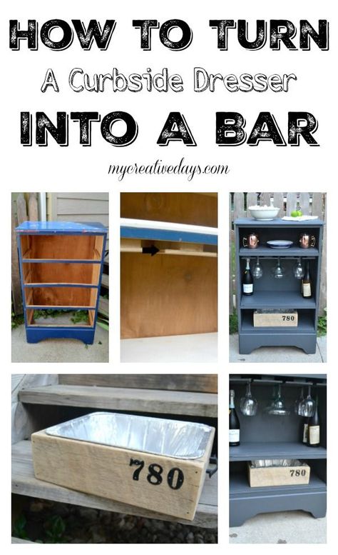 How To Turn A Curbside Dresser Into A Bar Bar From Dresser, Desk Chair Diy, Wood Desk Chair, Dresser Bar, Tin Bar, Diy Outdoor Bar, Chair Diy, Repurposed Dresser, Bar Diy