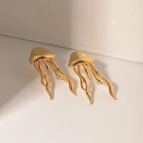 18K Gold Color Jellyfish Stud Earrings. #AmrahCart #GoldJellyfishEarrings #ElegantStuds #OceanInspiredJewelry Ocean Inspired Jewelry, Textured Coat, Color Making, Small Animal Supplies, Metal Texture, Ocean Inspiration, Trendy Jewelry, Gold Earrings Studs, Jellyfish