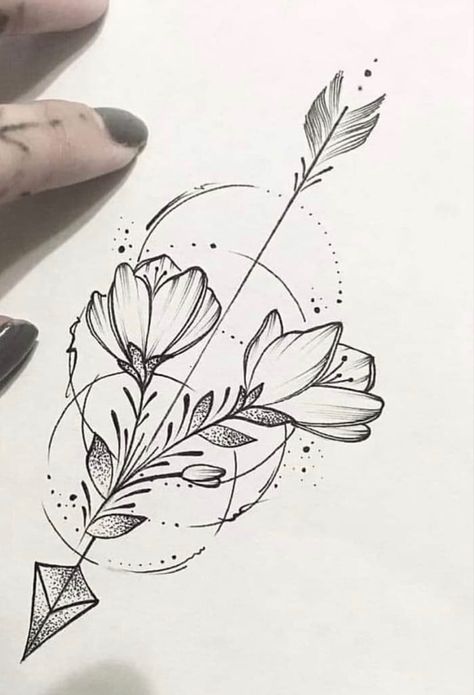 Geometric Flower Tattoo, Arrow Tattoos For Women, Hip Tattoos Women, Drawing Flowers, Tattoo Style Drawings, Arrow Tattoos, Spine Tattoos, Feminine Tattoos, Tattoo Design Drawings