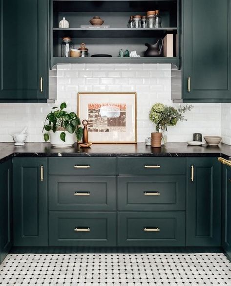 Dark Green Cabinets, Dark Green Kitchen, Green Kitchen Cabinets, White Backsplash, Green Cabinets, Dark Kitchen Cabinets, Kitchen Redo, Green Kitchen, Counter Tops