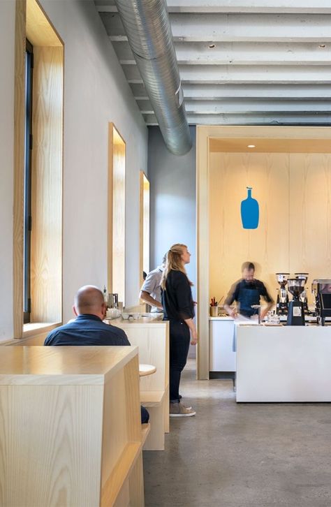 Blue Bottle Coffee Interior, Bohlin Cywinski Jackson, Cafeteria Design, Blue Basket, Interior Window Shutters, Plywood Design, Blue Bottle Coffee, Modern Cafe, Wall Tiles Design