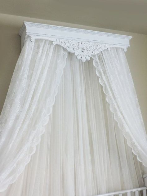 Exactly what I'm looking for!! Wall Cornice, Cherry Wood Bed, Crown Canopy, Canopy Crib, White Poplar, Carved Bed, Wood Cornice, Bed Drapes, Bed Crown Canopy