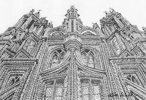 Use of stippling to render the rough texture of the stone, and to illustrate how the sunlight is hitting the building. Stippling Art, Rough Texture, Stippling, The Stone, The Building, Louvre, Pen, Texture, Building