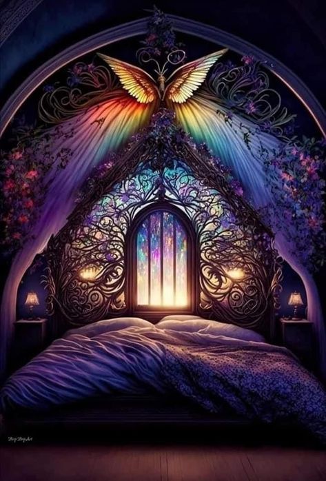 Fantasy Interior Design Art, Moody Eclectic Bedroom, Dark Fantasy Bedroom, Fantasy Bedrooms, Mystical Bedroom, Airy Bedroom, Dream Bedroom Inspiration, Fantasy Bedroom, Fantasy Furniture