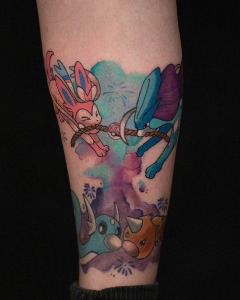 Sylveon & Suicune (plus nearly TWO YEARS healed Weedle and Dratini) for Rayne. . . . #tattoo #pokemontattoo #sylveontattoo #suicuinetattoo #colourtattoo #cute Pokemon Tattoo, Color Tattoo, Tattoos, Quick Saves