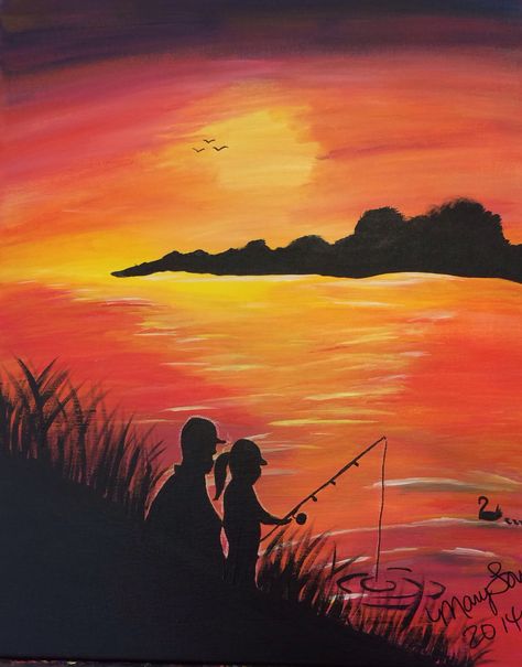 Fishing Silhouette Painting, Easy Baseball Paintings On Canvas, Father Daughter Painting Ideas Easy, Mens Painting Ideas, Fishing Painting Ideas, Painting For Grandfather, Dad Painting Ideas, Fishing Painting, Paintings For Dad