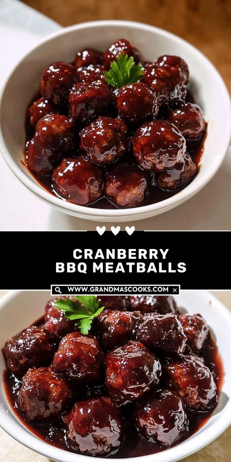 Juicy meatballs smothered in a cranberry BBQ sauce for a sweet and savory twist. Ideal for parties, potlucks, or family dinners! Bbq Meatball Sides, Bbq Meatballs Side Dishes, Cranberry Bbq Meatballs, Meatball Side Dishes, Christmas Potluck Dishes, Bacon Bourbon Meatballs, Cranberry Bbq Sauce, Christmas Meatballs, Sweet Meatballs