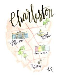 Charleston Pictures, Charleston Gifts, Charleston Map, Map Watercolor, Southern Plantations, Rainbow Row, Wedding Map, Chicago Restaurants, Classic Southern