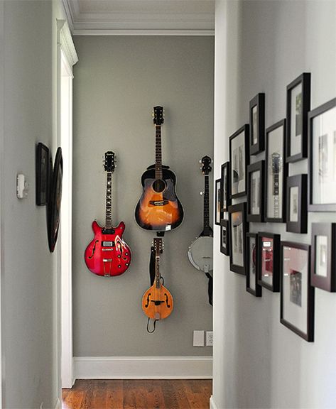 The Intentional Apartment: Integrating Your Gear, Gadgets and Sports Equipment Into Your Decor - Primer Instrument Wall, Guitar Display, Guitar Room, Music Room Decor, Guitar Wall, Music Decor, Style Deco, Music Wall, Music Room