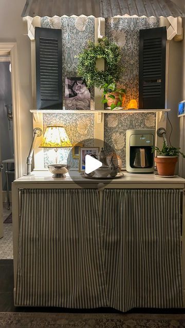 Robyn Davis on Instagram: "Easy no sew fix for these curtains over on our coffee bar. I had smaller curtains on the lower shelves previously, but decided to use longer ones to give it that skirted look. They were just a tad too long. So I used hem adhesive tape to “hem” them up a bit. It also allows me to store more underneath now that it’s not on display. I’ll link what I’ve used in stories if you’re wanting a similar look. 

#skirtedtable #nosew #nosewproject #curtains #coffeebar #coffee #skirtedfurniture #nosewcurtains #diy #frenchinspired #coffeebardecor #coffeebarideas" Bookshelf Curtain Diy, Small Curtains, Coffee Cart, No Sew Curtains, Coffee Carts, Table Skirt, Low Shelves, Diy Curtains, No Sew