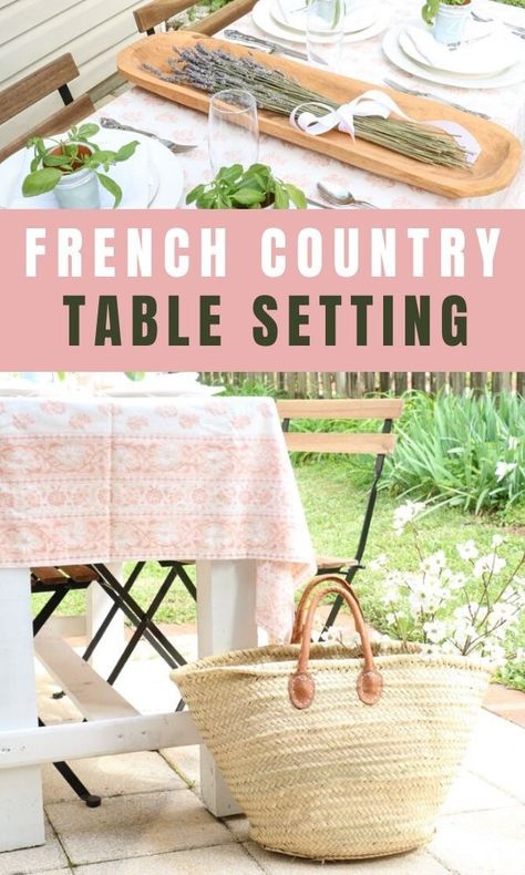 A simple and easy French country table setting ideas for a lovely indoor or outdoor dinner party.  Using lavender, basil, dough bowl, flour sack napkins, champagne glasses, block print tablecloth in a pastel pink color, white dishes, french bistro chairs, and a farmhouse table.  A great table for a Shabby Chic, cottage style decor.   Summer and spring parties using a fresh table design. #lifeonsummerhill #tablescape #centerpiece French Tablescapes, Dinner Party Decorations Table, French Table Setting, Country Table Settings, Dinner Party Tablescapes, French Country Tables, Using Lavender, Outdoor Dinner Party, French Country Table