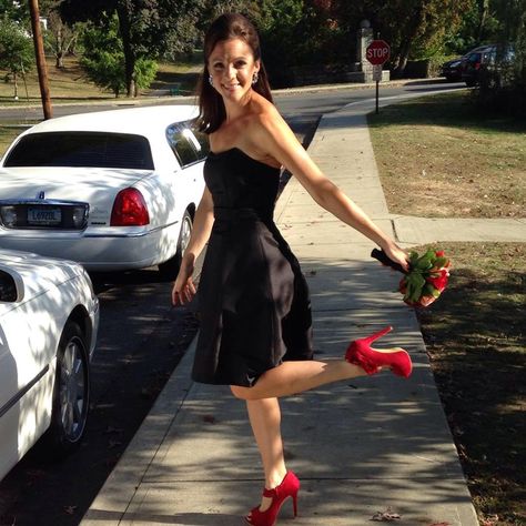 Bridesmaid style by my best friend Tori.  Red heels and little black dress.  The wedding party was nothing but class that day. Black Dress And Red Heels, Black Dress Red Shoes, Black Dress Red Heels, Prom Black Dress, Prom Inspo, Bridesmaid Style, Red Heels, Hoco Dresses, That Day