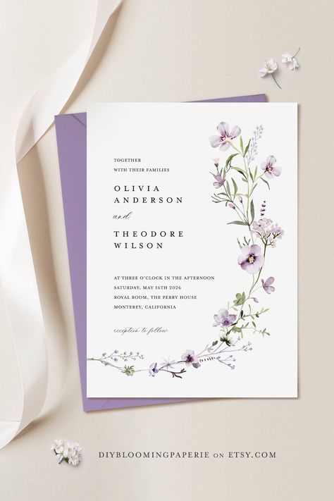 Lavender Wedding Invitation Template Sage Green Wedding - Etsy Lavender Cream Green Wedding, Purple Lavender Wedding Ideas, Wedding Cards Purple, Sage Green And Lilac Wedding Invitations, Sage Green And Lavender Wedding Colors, Lavender Wedding Stationery, Purple Floral Wedding Invitations, Purple And White Wedding Invitations, Lavender Wedding Invites