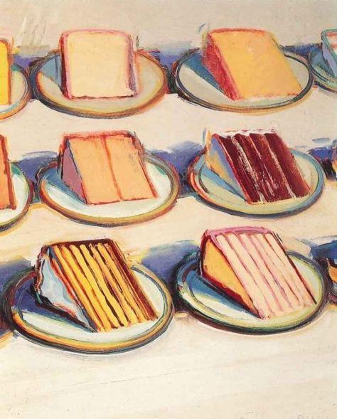 One of my favorite paintings by one of my favorite artists. Wayne Theibaud inspired most of my paintings in college. Pictures of this painting can't possibly do it justice. Wayne Thiebaud Cakes, Famous Art Paintings, Food Art Painting, Pop Art Artists, Ice Cream Art, Richard Diebenkorn, Wayne Thiebaud, Food Artists, Joan Mitchell