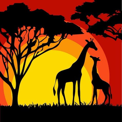 Savannah Tree Drawing, African Tree Painting, Paintings Of Giraffes, Savannah Landscape Art, Africa Silhouette Art, Savana Landscape, African Silhouette Art, African Tree Silhouette, African Landscape Painting