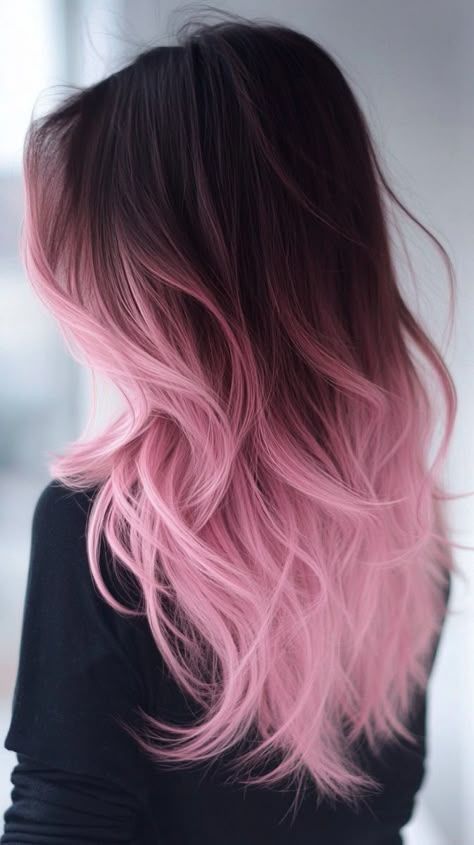 Hair Dye Gradient, Fall Pink Hair, Bubblegum Pink Highlights, Cute Hair Colors To Dye Your Hair, Dark Pink Hair Color Ideas, Black Pink Hair Color, Blush Pink Hair Color, Light Pink And Brown Hair, Black Hair With Pink Tips