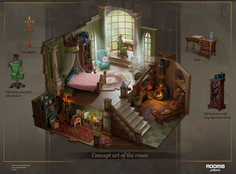 Concept art of the room,  on ArtStation at https://www.artstation.com/artwork/NyXX3D Dnd Bedroom Concept Art, Interior Fantasy Concept Art, Fantasy Furniture Concept Art, Fantasy Interior Design Concept Art, Fantasy Dorm Room Concept Art, Dorm Room Concept Art, Bed Concept Art, Royal Bedroom Concept Art, Fantasy Room Concept Art