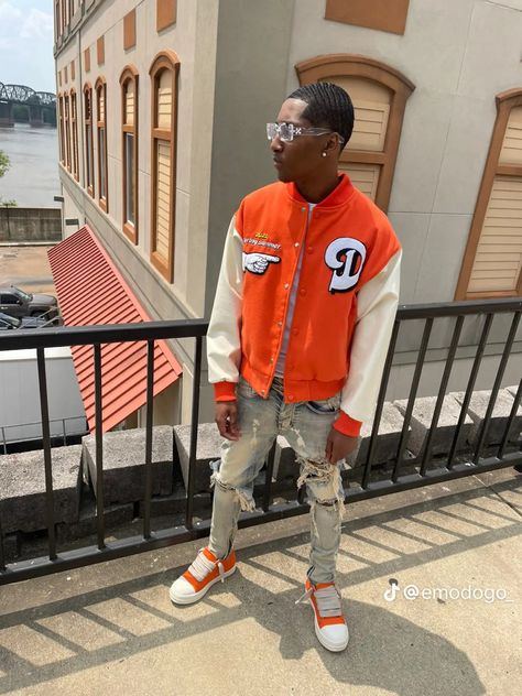 Orange And Brown Outfit Men, Birthday Fits For Guys, Black And Orange Outfit Men, Ptso Ideas Outfits Men, Fire Fits For Guys, Orange Fits Men, Boys Drip Outfits, Men Birthday Outfits, Orange And Grey Outfit