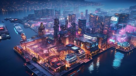 Cyberpunk Waterfront Area Cyberpunk Inspiration, Concept Vehicles Sci Fi, Sci Fi Environment, Cyberpunk City, Scene Art, Futuristic City, Inspo Board, Cyberpunk Art, Cyberpunk 2077