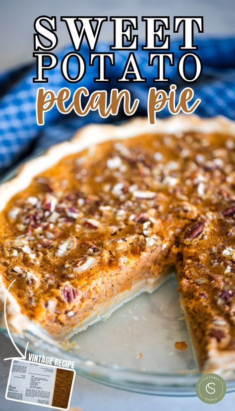 sweet potato pecan pie with slice taken out and vintage recipe card picture Sweet Potatoes Pecan Pie, Pecan Sweet Potato Pie, Sweet Potato Pie Recipes, Cleverly Simple, Sweet Potato Pecan Pie, Delicious Breakfast Casserole, Sweet Potato Pecan, Dessert Pie Recipes, Dessert Pie