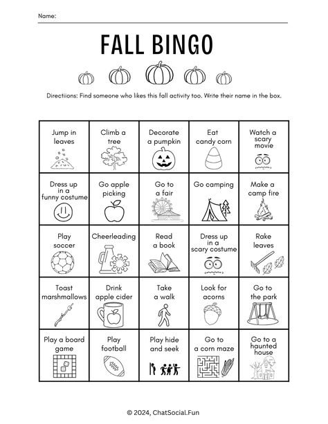 Fall bingo can be a get to know you activity or icebreaker as participants ask each other the things they like about fall. Scary movies or funny movies? Apple picking? Jumping in leaf piles? The bingo sheet is user friendly for ages 7 and up.   Illustrations accompany each phrase to support understanding.  Students can also have fun coloring the pictures when finished.  Build connections as participants find common interests. Build social skills as participants ask and answer questions. Fall Bingo, Ask And Answer Questions, Thanksgiving Bulletin Boards, Friendship Skills, Get To Know You Activities, Perspective Taking, Bingo Sheets, Fun Fall Activities, Funny Costumes