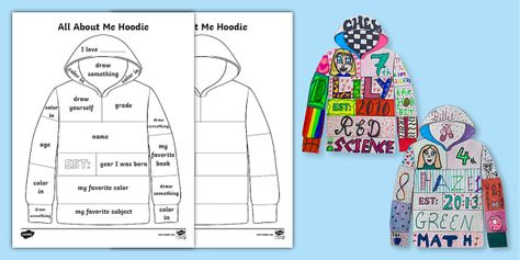 Our Printable Worksheet All About Me Hoodie Template is a great back-to-school activity that kids will love! Students will design a cool hoodie showing all of their favorite activities that helps their classmates to get to know them better. Display these hoodies and do a gallery walk! The resource includes a template with guidelines for decorating the hoodie and a second blank hoodie for students to decorate.Our Printable Worksheet All About Me Hoodie Template is an engaging way to help your thi All About Me Hoodie, How To Make Doodle, Hoodie Template, Color Art Lessons, October Lessons, Math Apps, All About Me Activities, High School Activities, Maths Games