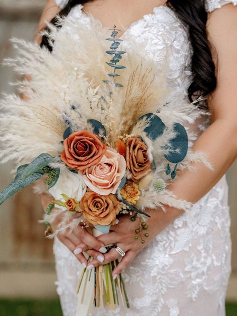 Pampas Wedding Bouquet, Fall Bridal Boho Bouquet, Dried Flowers, Rustic Bouquet, Eucalyptus, Orange Terracotta Ivory - Etsy Orange And Pampas Wedding, Boho Fall Beach Wedding, Boho Chic Wedding Bouquet, Rustic Boho Wedding Bouquet, Pampas Wedding Bouquet, Boho Wedding Beach, Wedding Bouquet Fall, Bouquet Eucalyptus, Pampas Wedding