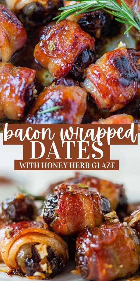 Making these classic bacon wrapped dates recipe is your next best decision! They're much like the traditional appetizer, but there's a crunch inside and a sweet honey glaze on top. Bacon Wrapped Figs Appetizers, Dates With Goat Cheese, Bacon Wrapped Figs, Bacon Dates, Dates Stuffed, Wrapped Dates, Unique Appetizers, Stuffed Dates, Bacon Wrapped Dates