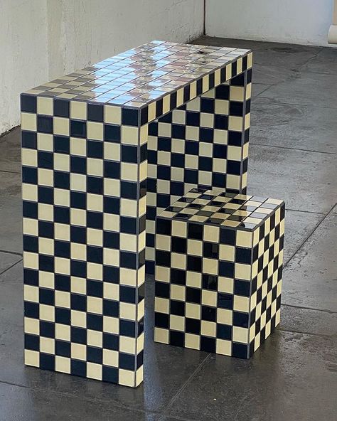 Friends of Form on Instagram: “One checkered side table left, arriving in NY next week. Designed by yours truly, handmade in LA ~ 12”L x 12”W x 16”H $550 NY” Alice In Wonderland Tea Party Birthday, Tile Furniture, Tile Table, Mosaic Table, Tile Grout, Space Decor, Interior Deco, Apartment Inspiration, Grout