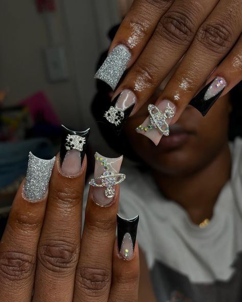 birthday duckiess 🖤 - if you’re seeing this dm @nails.bydaya_ to book an appt 🤍 - - - - - - - - - - - - #hknails #hellokittynails #birthdaynails #blackfrenchies #silverglitter #reflectiveglitter #frenchtips #ducknails #duckies #silverglitternails #fyp #gelxnails #gelxnailtech #bptnailtech #ctnailtech #ctnails #bptnails #bridgeportnails #bridgeportct #bridgeportnailtech #bridgeportctnailtech #bridgeportctnails #beginner #notaprofessional #justforfun #nailart #naildesigns #nailinspo #nails.by... Cute Online Clothing Stores, Makeup Morphe, Silver Glitter Nails, Nail Board, Duck Nails, Hello Kitty Nails, Short Acrylic, Unique Acrylic Nails, Long Square Acrylic Nails