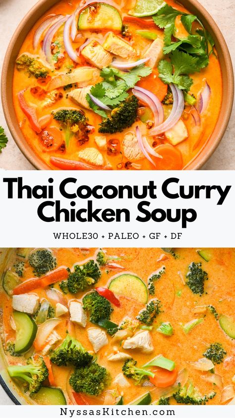 One of the best ways to warm up is with a hot bowl of Thai coconut curry chicken soup! Made with good for you ingredients like chicken breast, a wide variety of colorful vegetables, garlic, ginger, red (or green!) curry paste, and fresh lime juice. An easy to make dinner that is so good! Whole30, paleo friendly, gluten free, dairy free, vegan option. Thai Coconut Curry Chicken Soup, Coconut Curry Chicken Soup, Curry Chicken Soup, Thai Coconut Curry Chicken, Thai Soup Recipes, Thai Curry Soup, Curry Soup Recipes, Chicken Soup Crockpot, Chicken Curry Soup