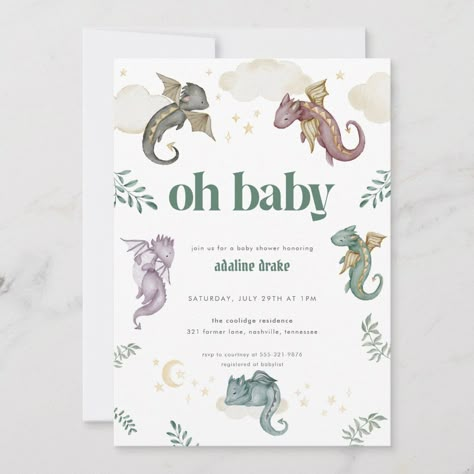 Little dragon about to hatch? Our DIY cute dragon baby shower invitations are the perfect way to celebrate the new baby on the way with a fairytale dragon themed baby shower. Perfect for a boy or girl baby shower, these flying dragon baby shower invites are the perfect choice.

The KAIDA mythical dragon baby shower invite design features a bright white background with flying dragons flying around clouds and stars, paired with the phrase 'oh baby' using a fancy medieval display font in green, wit Dragon Baby Shower Invitations, Medieval Baby, Fairytale Baby Shower, Dragon Baby Shower, Dragon Nursery, Forest Baby Showers, Fairytale Nursery, Dragon Party, Baby Shower Invitaciones