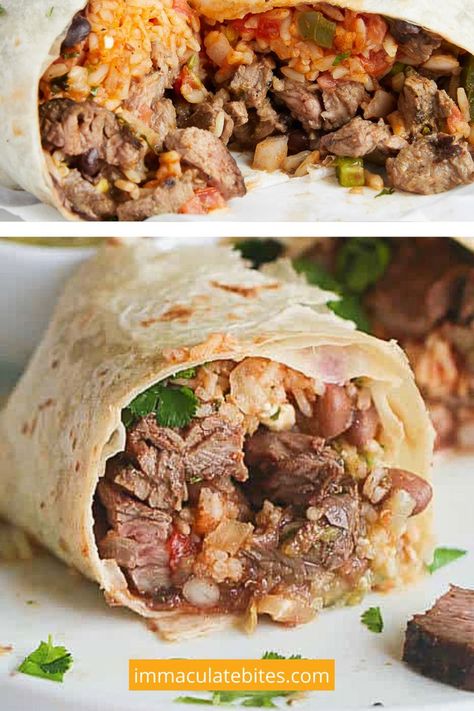 Steak Burrito- Moist Burittos stuffed with tender marinated Carne Asada, cheese, rice, avocados and Tomatillos Salsa. Burritos loaded with beans, Mexican rice, Steak, onions, beans ,avocados and more. More Mexican food recipes, dinner ideas, dinner recipes at immaculatebites. Stew Meat Burritos, Beef Stew Meat Burritos, Steak And Rice Dinner Ideas, Burittos Recipes Beef, Griddle Burritos, Pork Steak Mexican Recipes, Leftover Carne Asada Recipes, Burittos Recipes, Steak Burrito Recipes