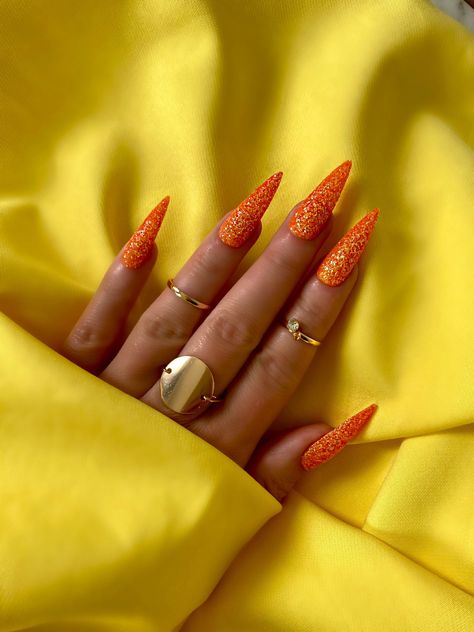 Long Nails Orange, Stiletto Nails Long, Gel Nails Glitter, Red Orange Nails, Bright Orange Nails, Sugar Glitter, Nails Orange, Sugar Nails, Orange Nail Designs